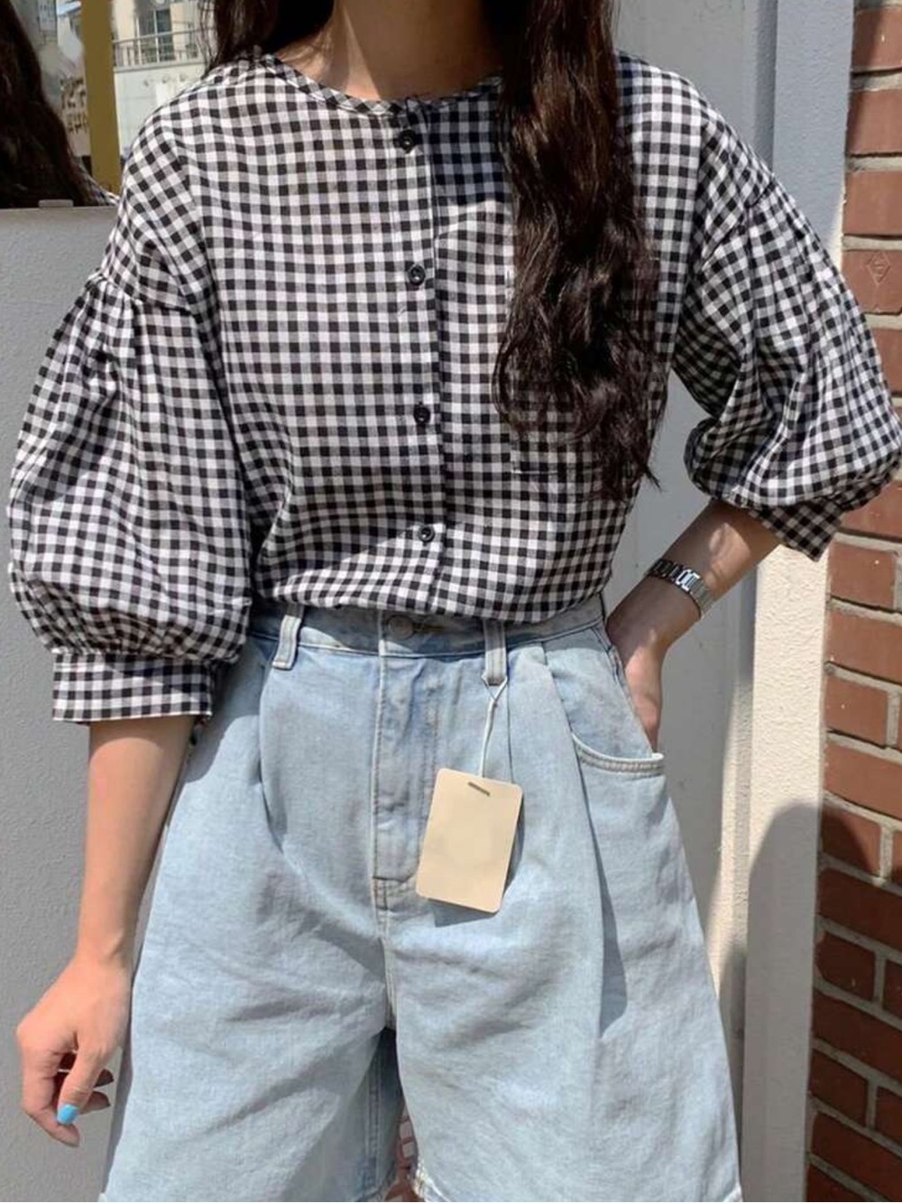 Black & White Gingham Button-Down Puff Sleeve Shirt